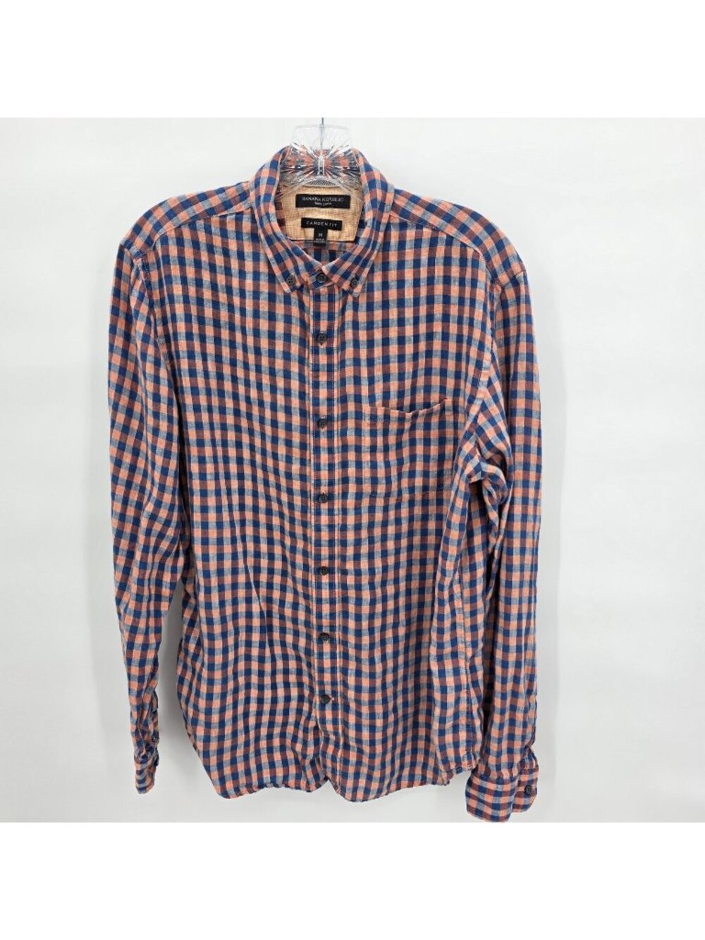 Banana Republic Linen Shirt Mens M Blue Red Check Camden Fit Button Down Office